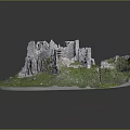 Detailed Castle Ruins Model On Circular Base With Green Grass Small Stones And Wooden Stakes