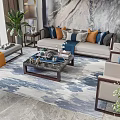 Modern Sofa Coffee Table Set With Orange Gray Pillows Blue Patterned Rug And Marble Wall 3d model