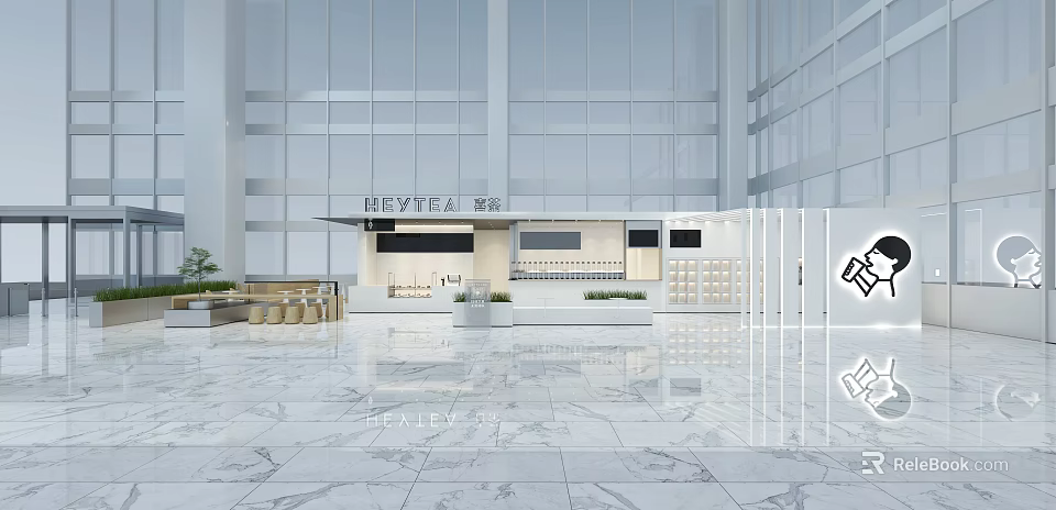 Modern Minimalist Bright Open Milk Tea Shop Interior With Marble Bar Counter And Green Plants 3d model 