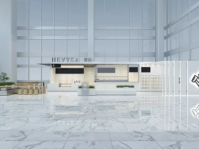 Modern Minimalist Bright Open Milk Tea Shop Interior With Marble Bar Counter And Green Plants 3d model