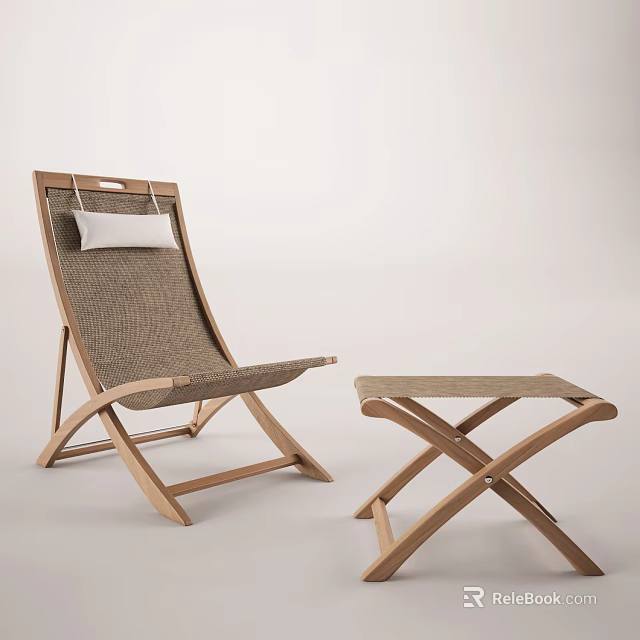 Modern Outdoor Chair With Wooden Frame Woven Seat White Cushion And Matching Footstool 3d model 