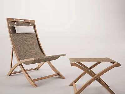 Modern Outdoor Chair With Wooden Frame Woven Seat White Cushion And Matching Footstool 3d model