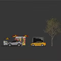 Urban Roadside Scene With Cars Food Stalls Blue Shelter Street Signs And Bare Tree