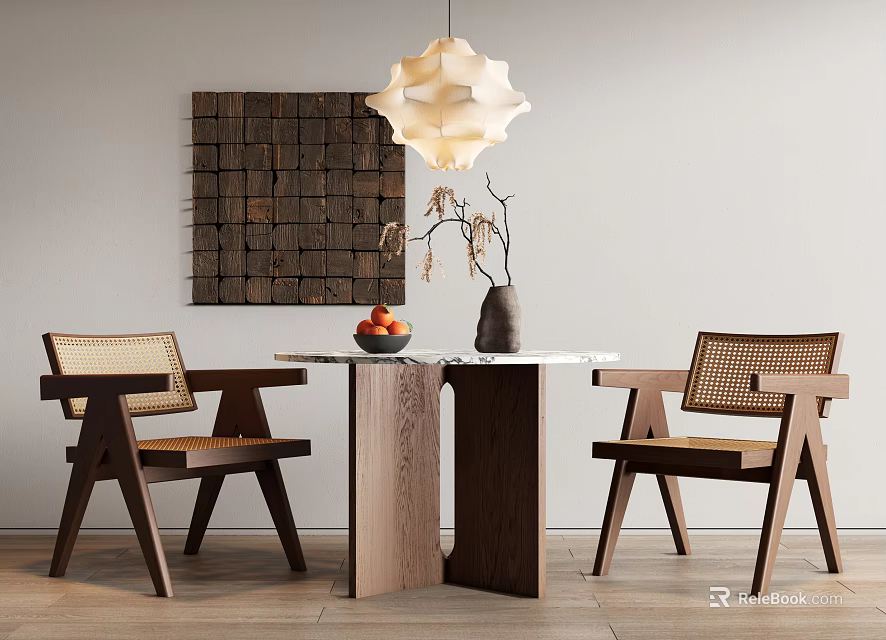 Wooden Dining Table with Marble Top and Woven Backrest Chairs Decorative Painting and Pendant Light 3d model 