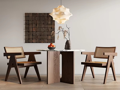 Wooden Dining Table with Marble Top and Woven Backrest Chairs Decorative Painting and Pendant Light 3d model