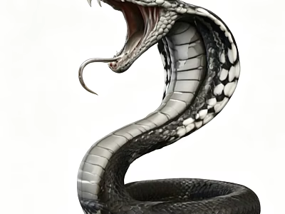 Striking Venomous Cobra Reptile Displaying Open Mouth And Coiled Scaled Body 3d model