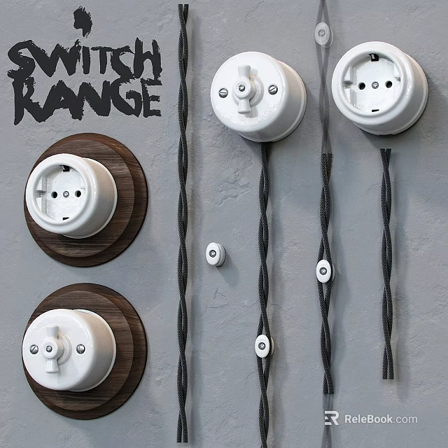 Modern Switches And Sockets Electrical Appliances With Wooden Base And Black Cords On Gray Wall 3d model 