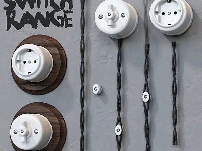 Modern Switches And Sockets Electrical Appliances With Wooden Base And Black Cords On Gray Wall 3d model