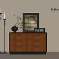 Elegant Wooden Entryway Cabinet Sideboard With Grid Design Floor Candlesticks Vase And Decorative Painting
