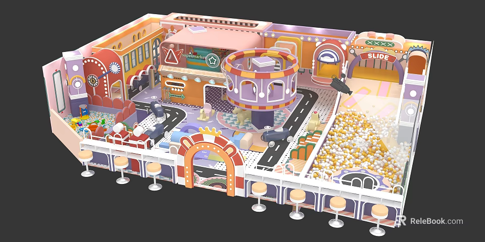 Colorful Amusement Park Playground With Roundabout Paths Buildings Seats And Ball Pit 3d model 