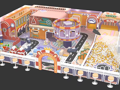 Colorful Amusement Park Playground With Roundabout Paths Buildings Seats And Ball Pit 3d model