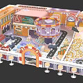 Colorful Amusement Park Playground With Roundabout Paths Buildings Seats And Ball Pit