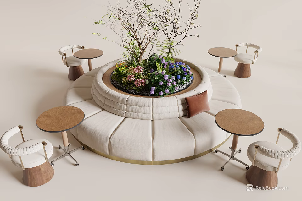 Circular Beige Upholstered Banquette Sofa with Central Greenery and Surrounding Small Round Tables with Chairs 3d model 