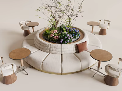 Circular Beige Upholstered Banquette Sofa with Central Greenery and Surrounding Small Round Tables with Chairs 3d model