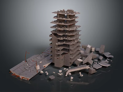Collapsed Concrete Building Ruins With Fallen Floors Rubble And Debris 3d model