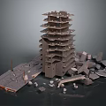 Collapsed Concrete Building Ruins With Fallen Floors Rubble And Debris 3d model