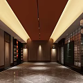 Hotel Corridor Design Featuring Red Ceiling Warm Lighting Circular Decor And Polished Marble Floor 3d model