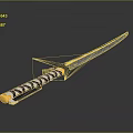 Detailed Samurai Sword With Blue Blade Black White Striped Handle And Yellow End 3d model