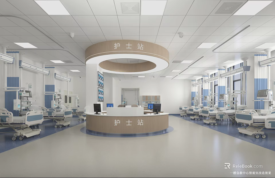 Hospital Outpatient Ward With Circular Nurse Station And Medical Beds 3d model 