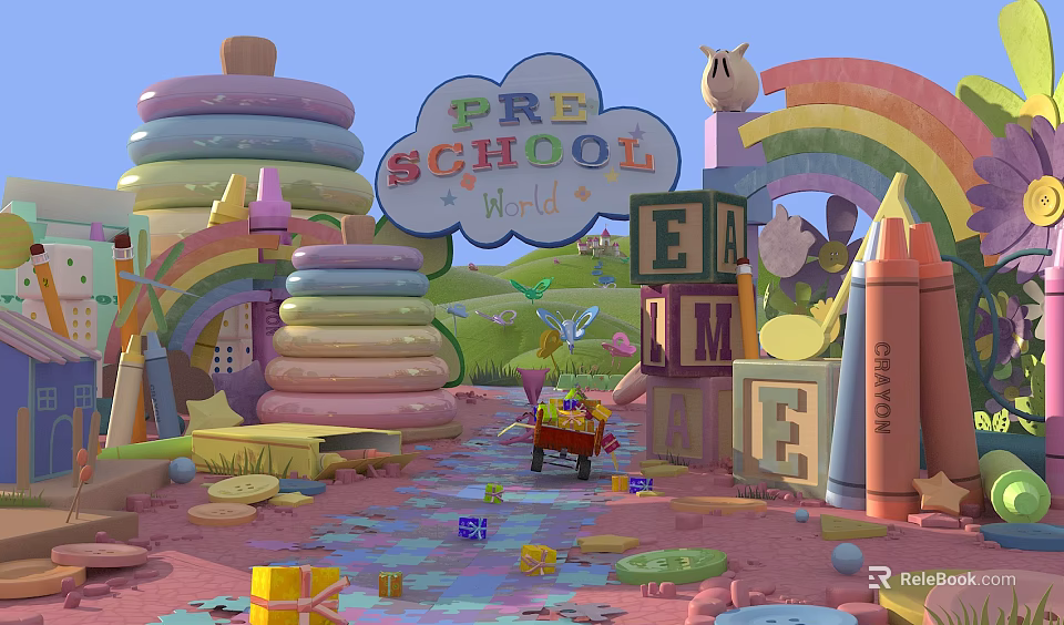Colorful Preschool Playground With Stacked Blocks Rainbow Crayons Toy Cart And Puzzle Pieces 3d model 