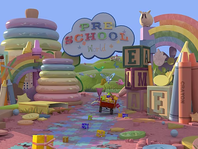 Colorful Preschool Playground With Stacked Blocks Rainbow Crayons Toy Cart And Puzzle Pieces 3d model