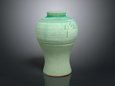 Green Ceramic Pottery Jar with Bamboo Leaf Carving for Home Decorative Use 3d model