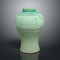 Green Ceramic Pottery Jar with Bamboo Leaf Carving for Home Decorative Use