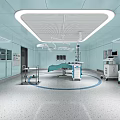 Modern Operating Room With Blue Walls Surgical Lights Medical Equipment And Circular Floor