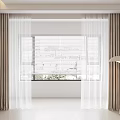 Linen Curtains with Sheer Panels and Roller Blinds in Bright Interior Space with Floor Lamp