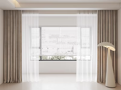 Linen Curtains with Sheer Panels and Roller Blinds in Bright Interior Space with Floor Lamp 3d model