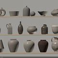Ceramic Vessels Displayed on Multiple Shelves with Various Shapes and Textures 3d model