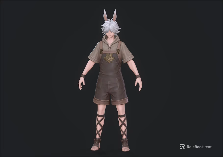 Man With White Hair And Rabbit Ears In Brown Overalls Shorts And Crisscross Strap Sandals 3d model 