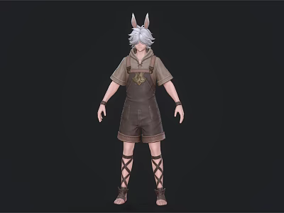 Man With White Hair And Rabbit Ears In Brown Overalls Shorts And Crisscross Strap Sandals 3d model