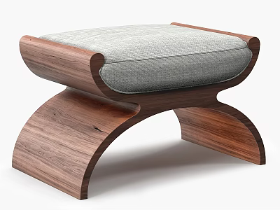 Modern Sofa Stool With Walnut Wooden Frame And Gray Cushioned Seat 3d model