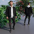 Man Wearing Black Jacket White Hoodie with Ripped Jeans Near Green Plants Pink Flowers