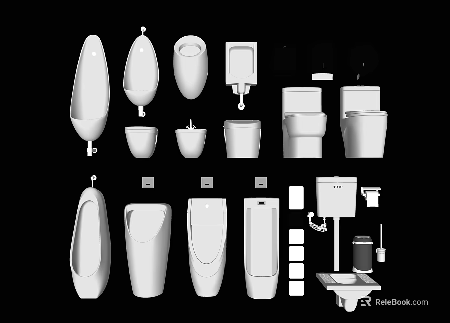 Various Toilet Designs Including Urinals Sinks And Tank Components 3d model 