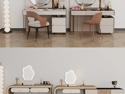 Elegant Modern Dressing Table Interior With Round Mirror Drawers And Chair Decorations 3d model