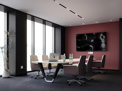 Modern Conference Room With Large Windows Meeting Table Chairs Red Accent Wall And Wall Screen 3d model
