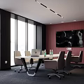 Modern Conference Room With Large Windows Meeting Table Chairs Red Accent Wall And Wall Screen