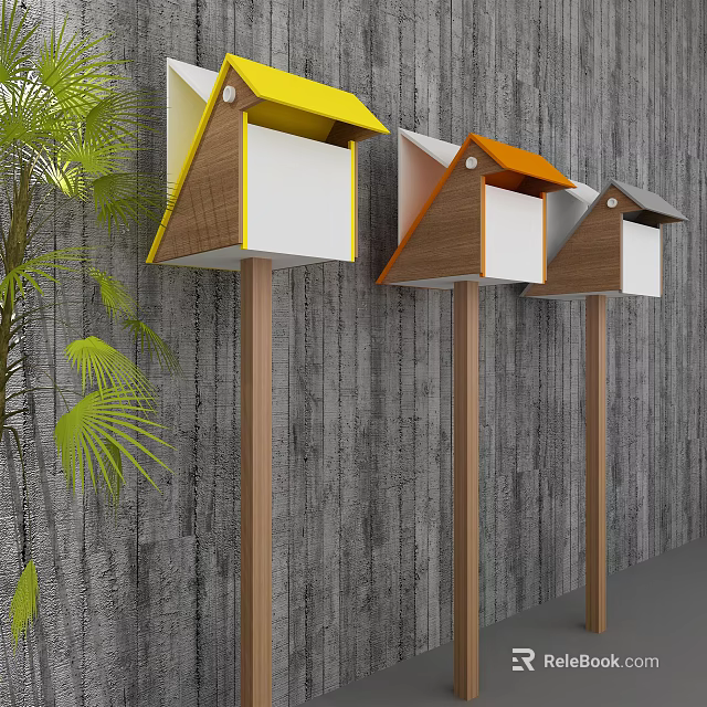 Colorful Public Mailboxes With Wooden Posts Green Plants Against Gray Wall 3d model 