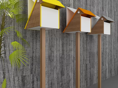 Colorful Public Mailboxes With Wooden Posts Green Plants Against Gray Wall 3d model