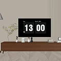 Modern Walnut TV Stand with TV Decorative Items Books Clock and Striped Wall