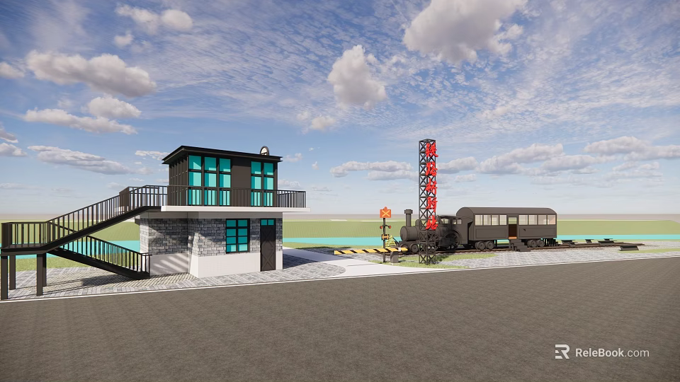 Post Station With Red Signboard Two Story Building Black Windows Train Carriage And Water Background 3d model 