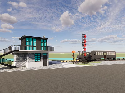 Post Station With Red Signboard Two Story Building Black Windows Train Carriage And Water Background 3d model