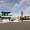 Post Station With Red Signboard Two Story Building Black Windows Train Carriage And Water Background