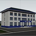 Modern Office Building With White Exterior Blue Roof And Trees Around Entrance Area