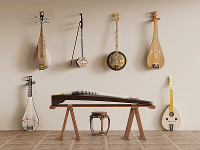 Traditional and Modern Musical Instruments Wall Hanging with Table Display Setup 3d model