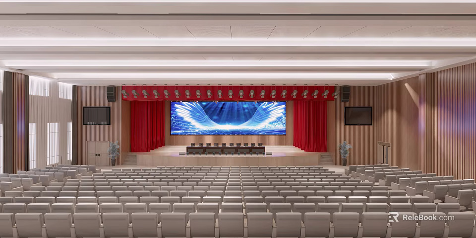 Spacious Conference Room With Large Screen Red Curtains Wooden Walls And Rows Of Seats 3d model 
