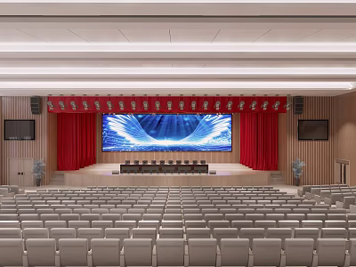 Spacious Conference Room With Large Screen Red Curtains Wooden Walls And Rows Of Seats 3d model