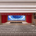Spacious Conference Room With Large Screen Red Curtains Wooden Walls And Rows Of Seats